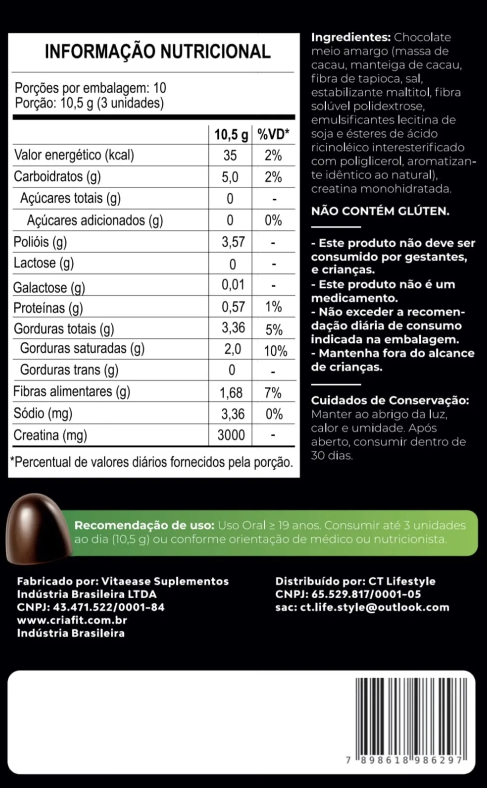 Tabela nutricional da Creatina de Chocolate